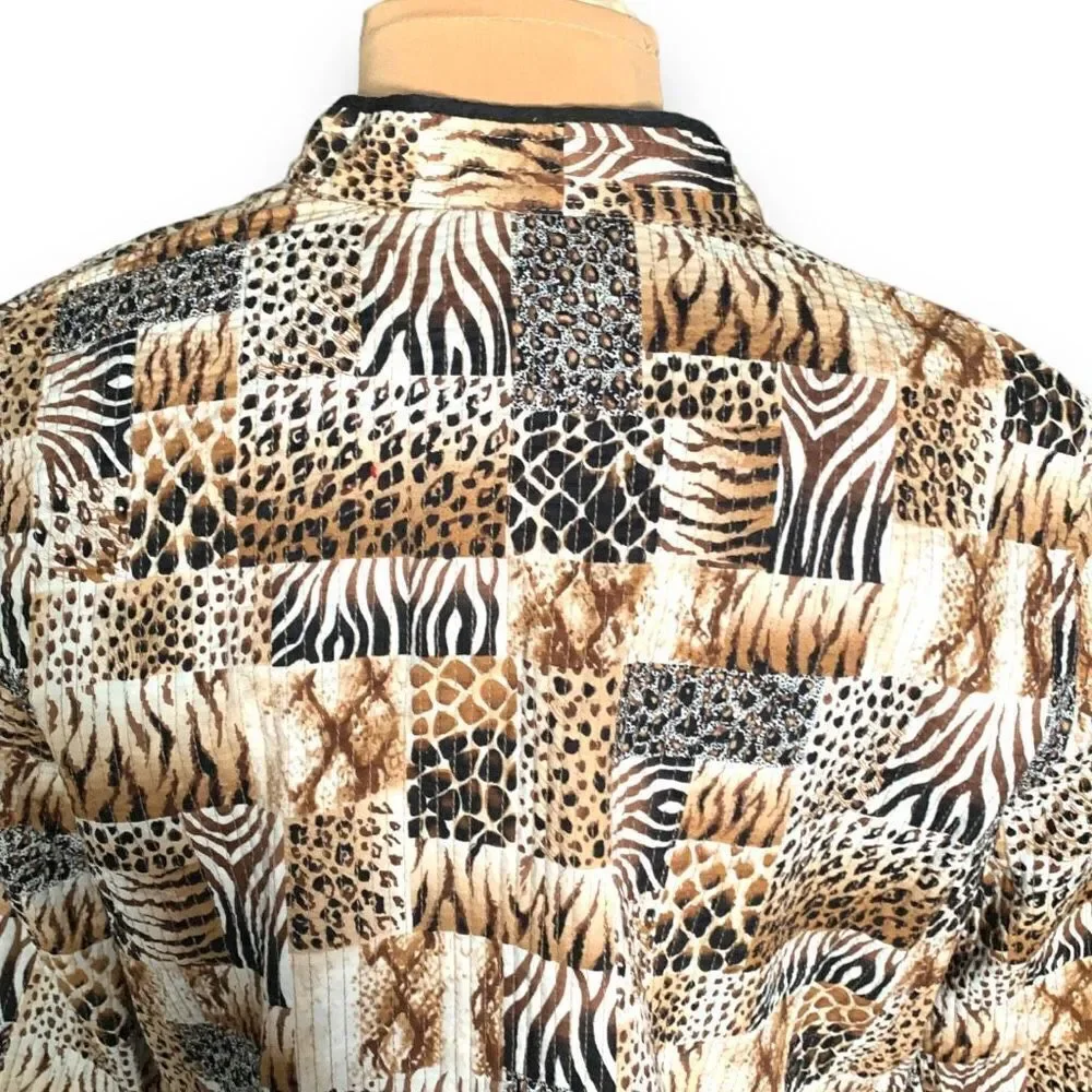 Vintage‎ 90s Collarless Blazer Jacket Ecru Patchwork Quilted Zebra Animal Print